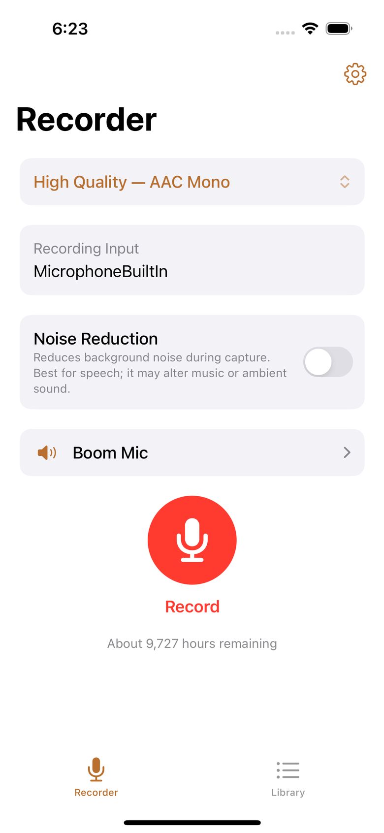 Recorder idle — Record button, preset picker, and live input line
