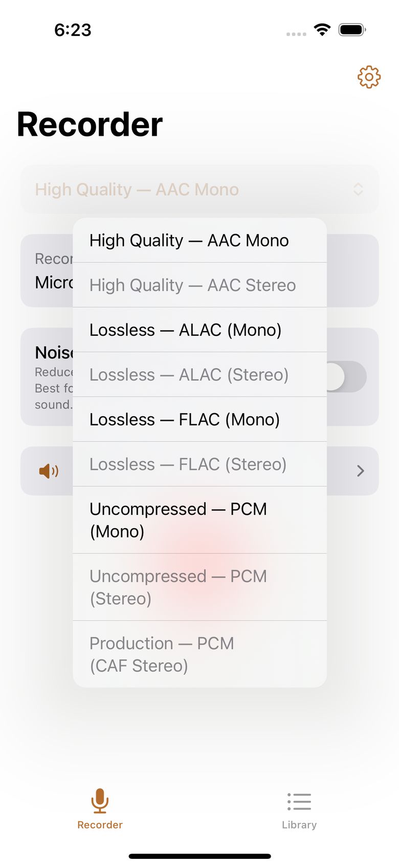 Preset picker — all nine recording presets with storage cost