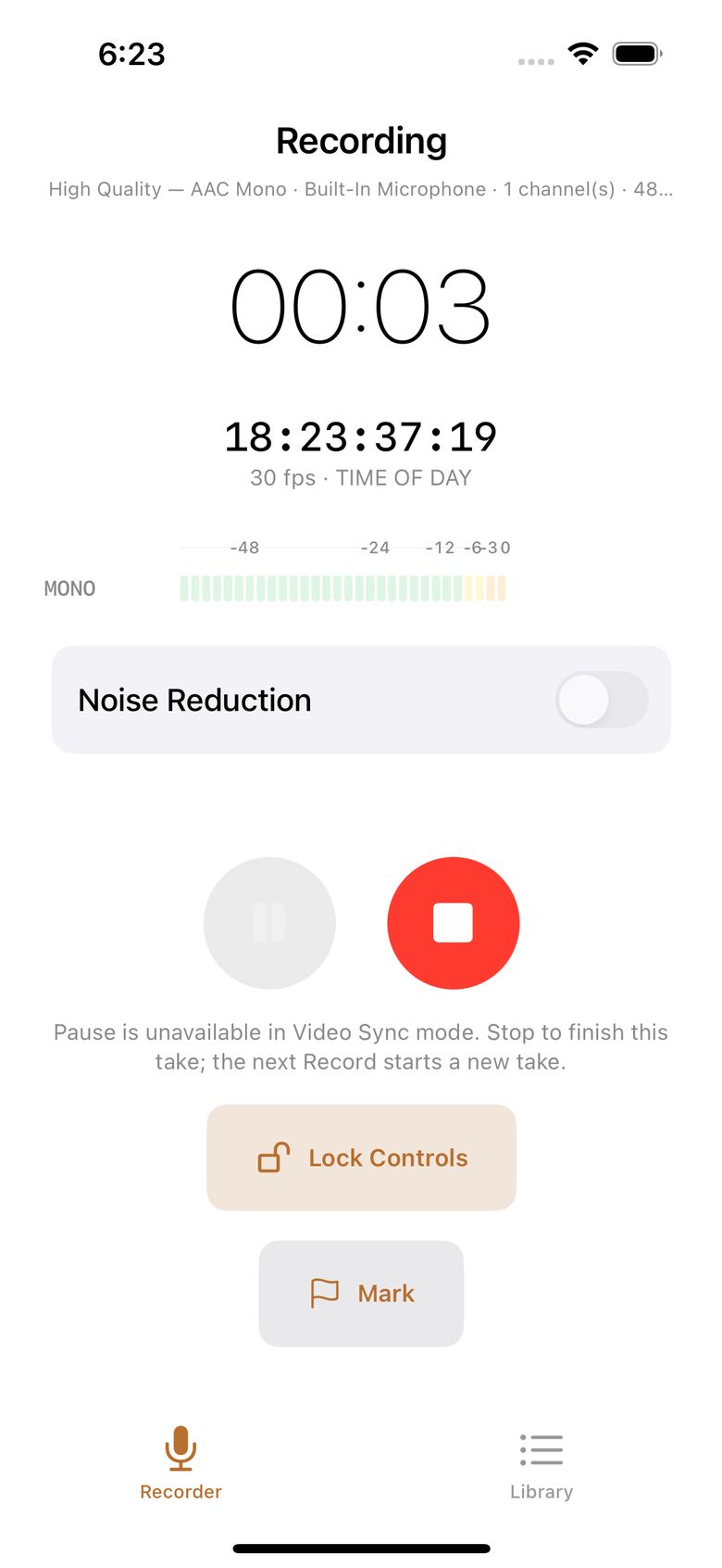 Active recording with Video Sync timecode — elapsed time, level meter, markers