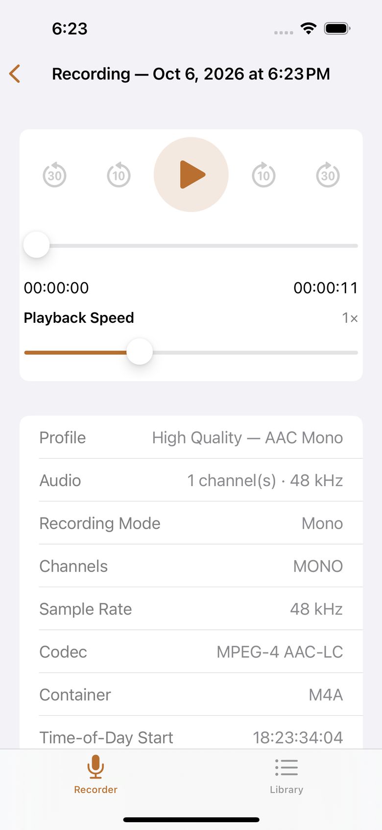 Recording detail — playback, skip, speed, and honest facts