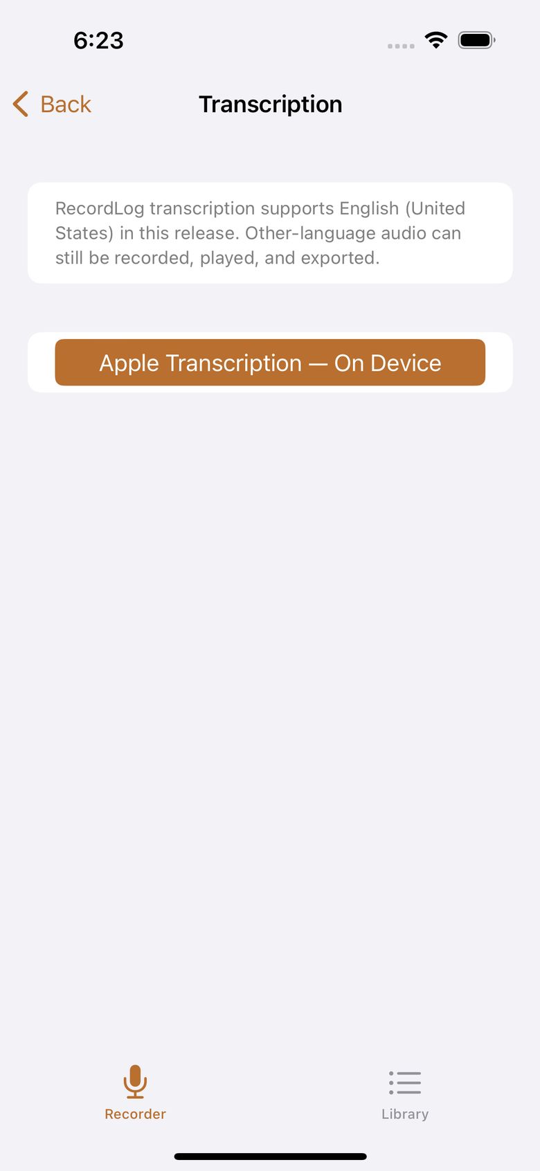 Library — recordings with folders, favorites, and storage caption