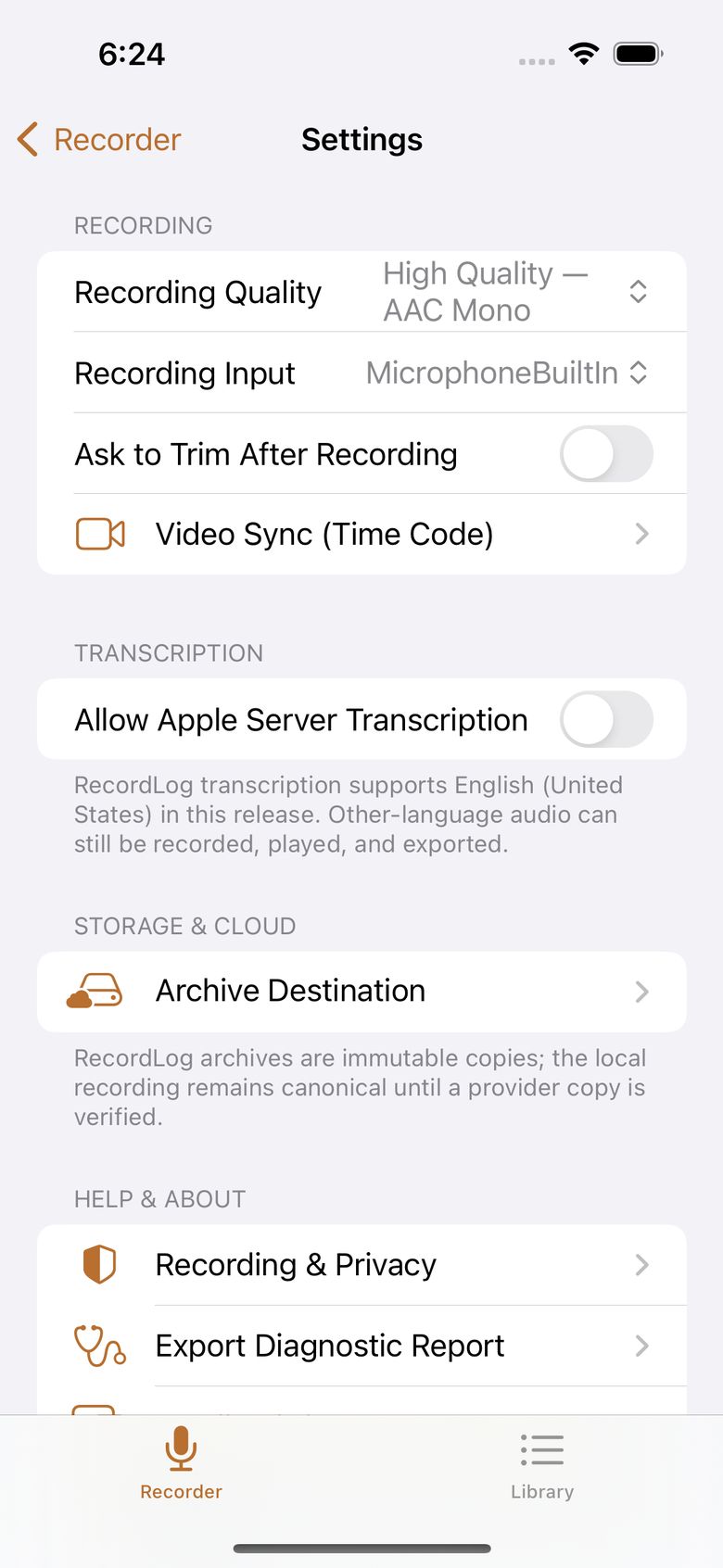 Recording & privacy settings — mic, recognition, and archive controls